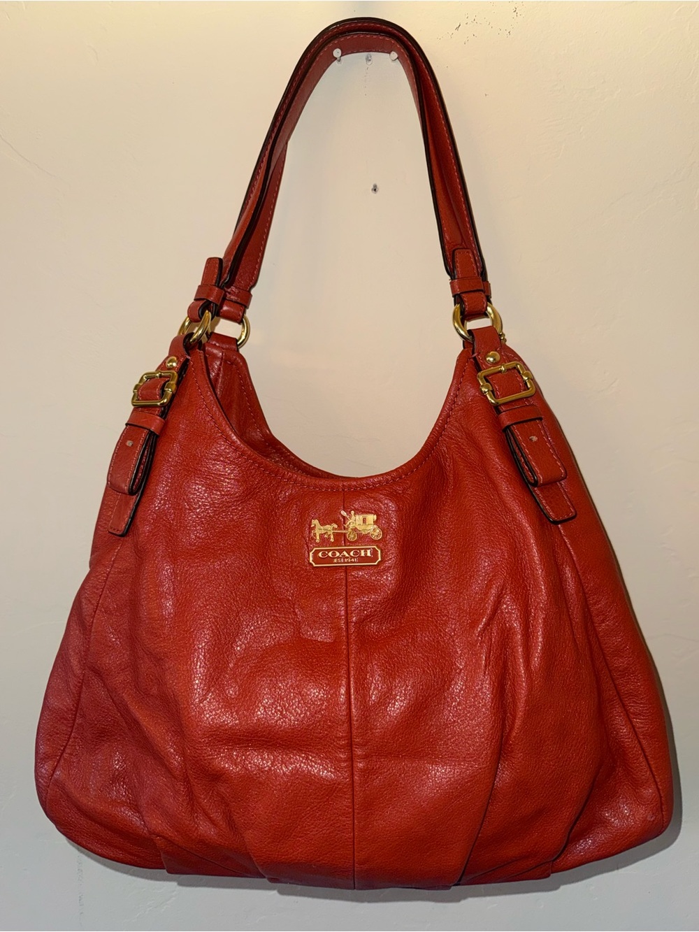 Coach Red Leather Slouch Shoulder Bag with Gold Hardware